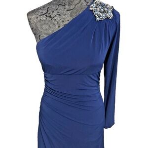 Eliza J One-Shoulder Blue Dress with Lace and Embellishment
